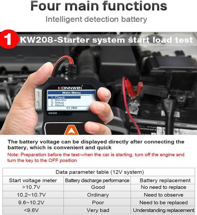 Alt view image 4 of 7 - KW208 Car Battery Tester 12V Battery Analyzer for Flooded, AGM,Gel 100-201100 CCA Automotive Tester for Passenger Cars and Light Duty Trucks