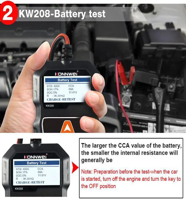 Alt view image 5 of 7 - KW208 Car Battery Tester 12V Battery Analyzer for Flooded, AGM,Gel 100-201100 CCA Automotive Tester for Passenger Cars and Light Duty Trucks