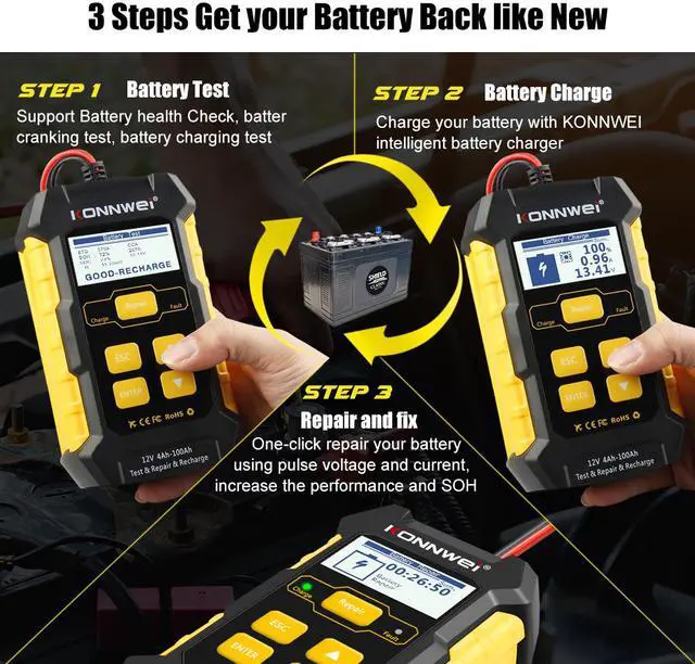 Alt view image 4 of 6 - LUOM KW510 12V Car Battery Tester, 100-2000 CCA Battery 3 in 1 Car Battery Tester, Battery Charger Automotive Pulse Repair Maintainer, Trickle Charger Battery Desulfator for Vehicles/Marine