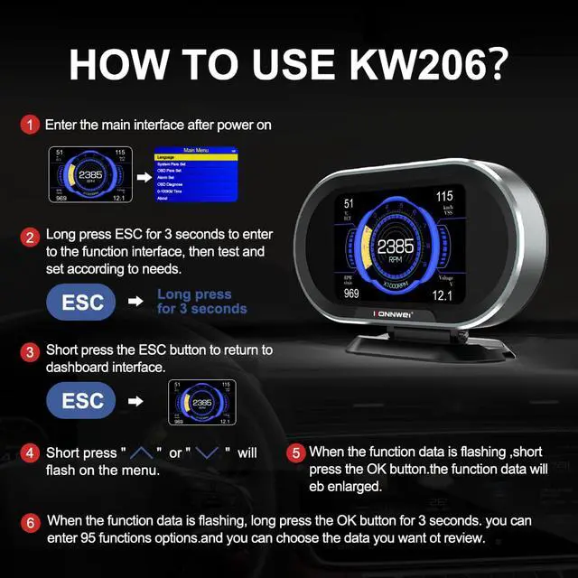 Alt view image 6 of 7 - LUOM KW206 Obd2 Car Head Up Display HUD All in One Head Up Display with Function of Speedometer, Water Tank Temperature,Battery Voltage, Clearing Fault Code, Multiple Alarms for All obdii Cars