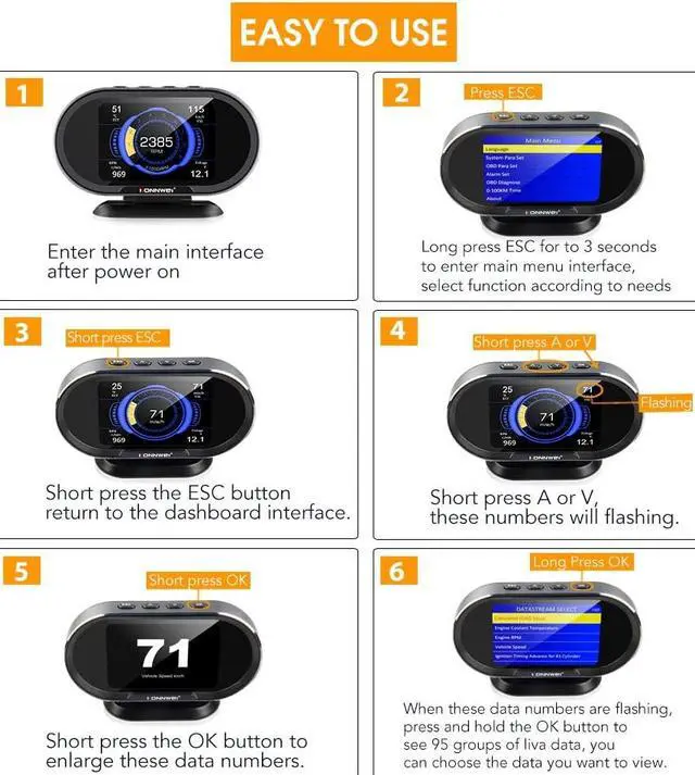 Alt view image 6 of 7 - On-Board Computer obd2 KONNWEI KW206 OBD2 Auto Car OBD2 Scanner Fuel Consumption Water Temperature Gauge HUD Digital Display for All 1996 and Newer Cars