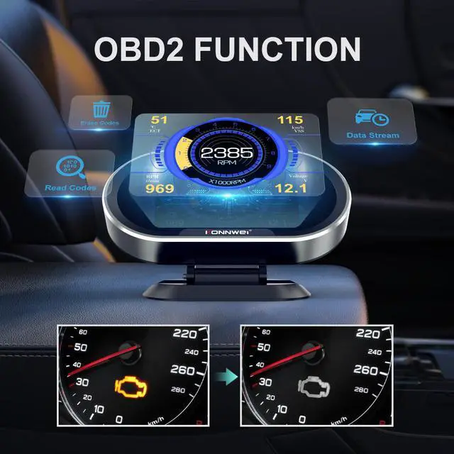 Alt view image 3 of 7 - LUOM KW206 Obd2 Car Head Up Display HUD All in One Head Up Display with Function of Speedometer, Water Tank Temperature,Battery Voltage, Clearing Fault Code, Multiple Alarms for All obdii Cars