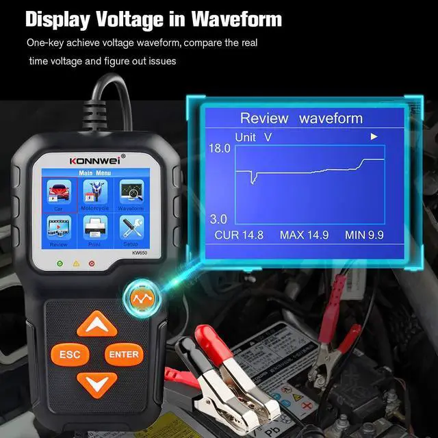 Alt view image 6 of 7 - KW650 6V 12V 100-2000 CCA Car Battery Tester Auto Battery Load Tester Charging Cranking System Analyzer With Pure Copper Alligator Rings Clips  for Car Boat Motorcycle Truck Marine