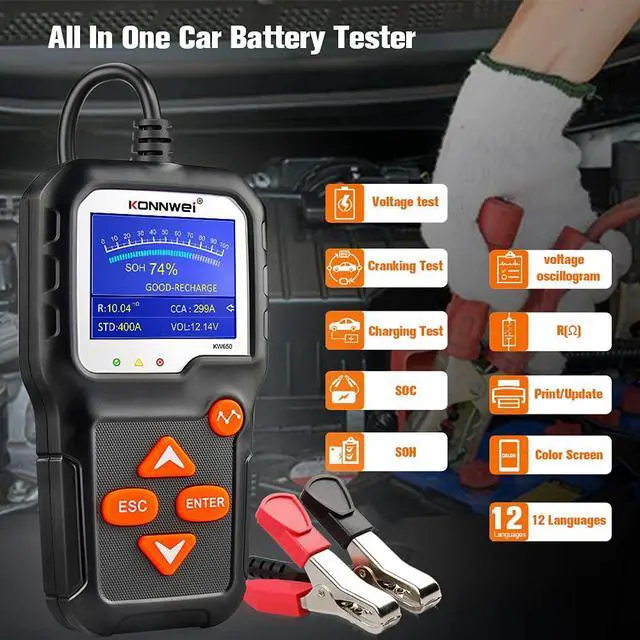 Alt view image 5 of 7 - KW650 6V 12V 100-2000 CCA Car Battery Tester Auto Battery Load Tester Charging Cranking System Analyzer With Pure Copper Alligator Rings Clips  for Car Boat Motorcycle Truck Marine