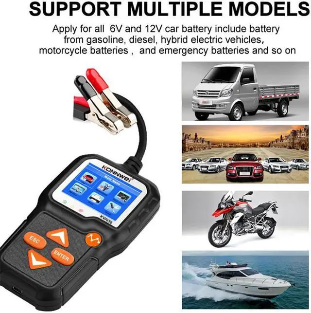 Alt view image 4 of 7 - KW650 6V 12V 100-2000 CCA Car Battery Tester Auto Battery Load Tester Charging Cranking System Analyzer With Pure Copper Alligator Rings Clips  for Car Boat Motorcycle Truck Marine