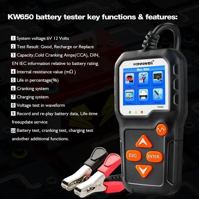 Alt view image 2 of 7 - KW650 6V 12V 100-2000 CCA Car Battery Tester Auto Battery Load Tester Charging Cranking System Analyzer With Pure Copper Alligator Rings Clips  for Car Boat Motorcycle Truck Marine