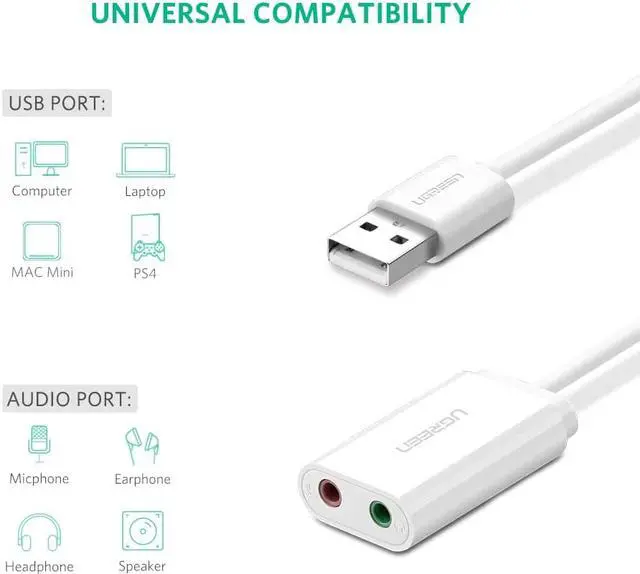 Alt view image 4 of 7 - LUOM USB Audio Adapter Support Windows,Mac,Linux. USB External Stereo Sound Card with 3.5mm Jack Headphone and Microphone for PC,Laptop,Desktop,Switch,PS4,etc. Plug and Play No Drivers Needed, White
