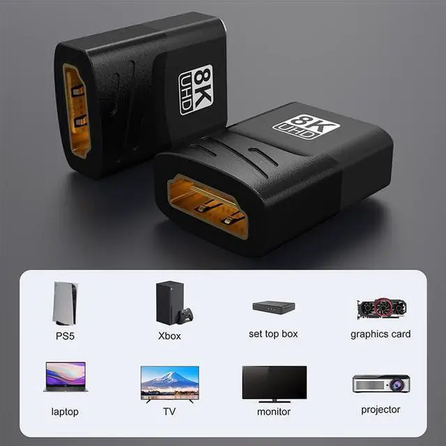 Alt view image 6 of 7 - 2-Pack 8K HDMI Adapter Female to Female, Ultra-HD HDMI Extender Flat Gold Plated Standard HDMI Port Connector, Supports 8K@60Hz, 4K@120Hz, Compatible with PS5, Xbox X, 8K TV, Monitors, Laptop, PC