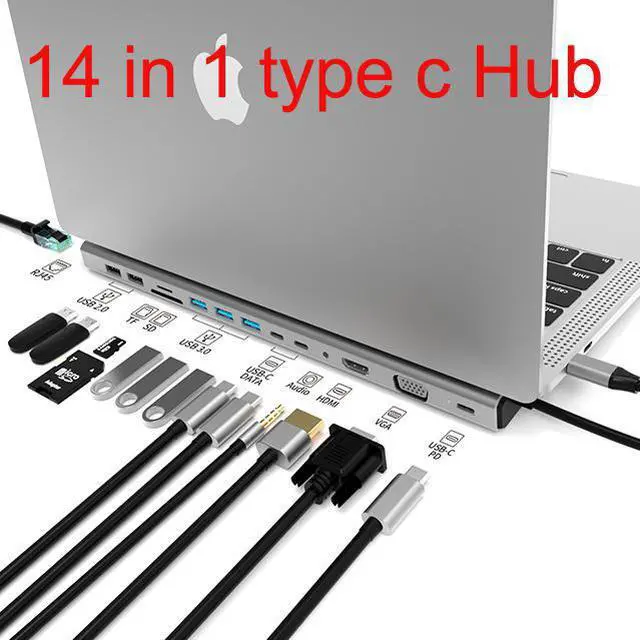 Main image of USB C Hub,14 in 1 Type C Adapter Docking Station with VGA HDMI and DP, 87W Power Delivery, 1 Gbps Ethernet, USB-C and 3 USB-A Data Ports,2 USB2.0 SD and TF Card Slot, 3.5mm Audio (DP +HDMI Hub)
