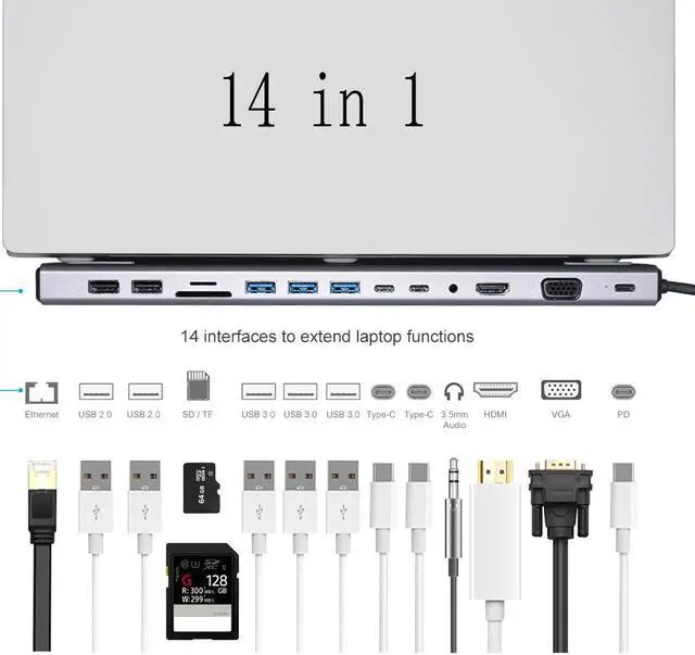 Main image of USB C Docking Station Adapter, USB C Laptop Docking Station 14 in 1 Dual Display Multiport Dongle, Type C Hub with VGA,Gigablit, HDMI, 87W PD, 5 USB,3.5mm Audio and SD/TF Card Reader for HP/Dell