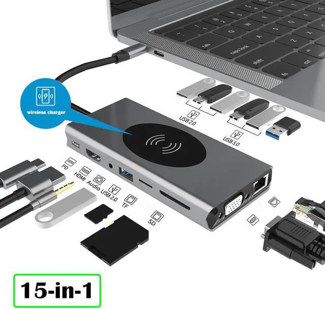 Main image of 15 in 1  Docking Station, Type C Multiport Adapter for MacBook Pro/Air, Mac Dongle with Wireless Charging,HDMI, Gigabit, VGA, PD Port, 7 USB 3.0/2.0, SD/TF Card Reader and Mic/Audio,87W Power Delivery