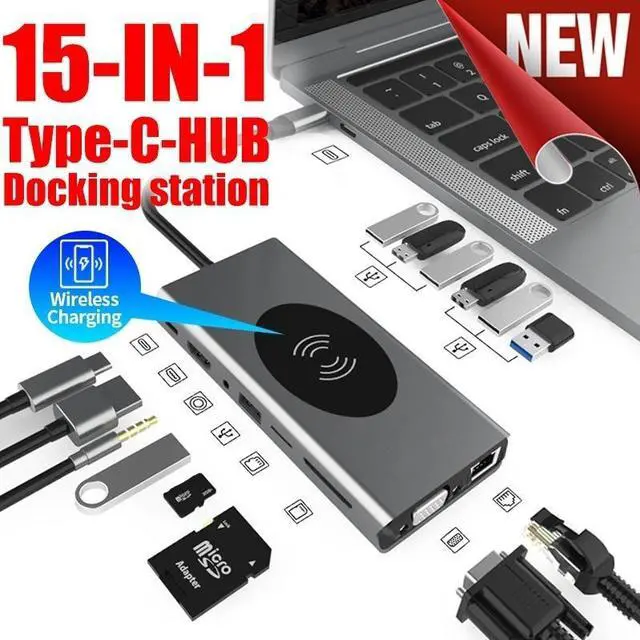 Main image of USB C Hub,15 in 1 Type C Adapter Docking Station with VGA HDMI,Wireless Charging, 87W Power Delivery,1000Mbps Port and 3 USB-A Data Ports,4 USB2.0 SD and TF Card Slot, 3.5mm Audio (VGA +HDMI Hub)