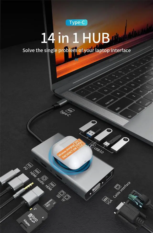 Alt view image 2 of 7 - USB C Hub, 14 in 1 USB C Hub Multiport Adapter with , USB C to HDMI 4K, 100W PD Thunderbolt 3,Gigabit,Wireless Charging, 5 USB 3.0, SD/TF Type C hub for MacBook Pro/Air, XPS, and USB C Devices