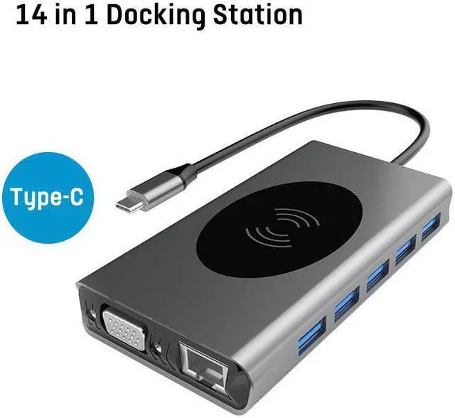 Main image of USB C Docking Station Adapter, 14 in 1 Triple Display Multiport Dongle, Type C Hub with Wireless Charging,VGA,Gigablit, Dual HDMI, 100W PD, 5USB3.0 ,3.5mm Audio and SD/TF Card Reader for HP/Dell