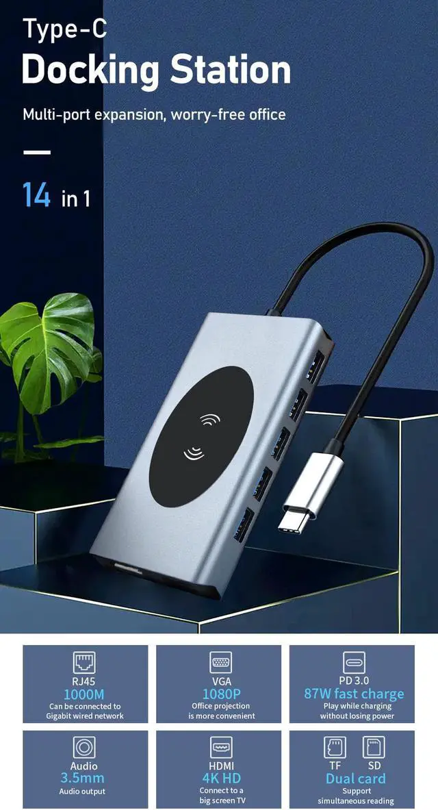 Alt view image 3 of 7 - USB C Docking Station Adapter, 14 in 1 Triple Display Multiport Dongle, Type C Hub with Wireless Charging,VGA,Gigablit, Dual HDMI, 100W PD, 5USB3.0 ,3.5mm Audio and SD/TF Card Reader for HP/Dell