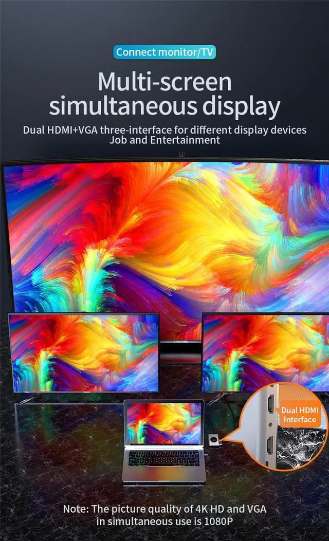 Alt view image 6 of 7 - 14 in 1 Laptop Docking Station Triple Display, with Dual 4K HDMI, VGA, Gigablit Ethernet, 5 USB3.0, SD/TF Card Reader,Audio Port,Wireless Charging Compatible with MacBook/Surface/HP/Dell