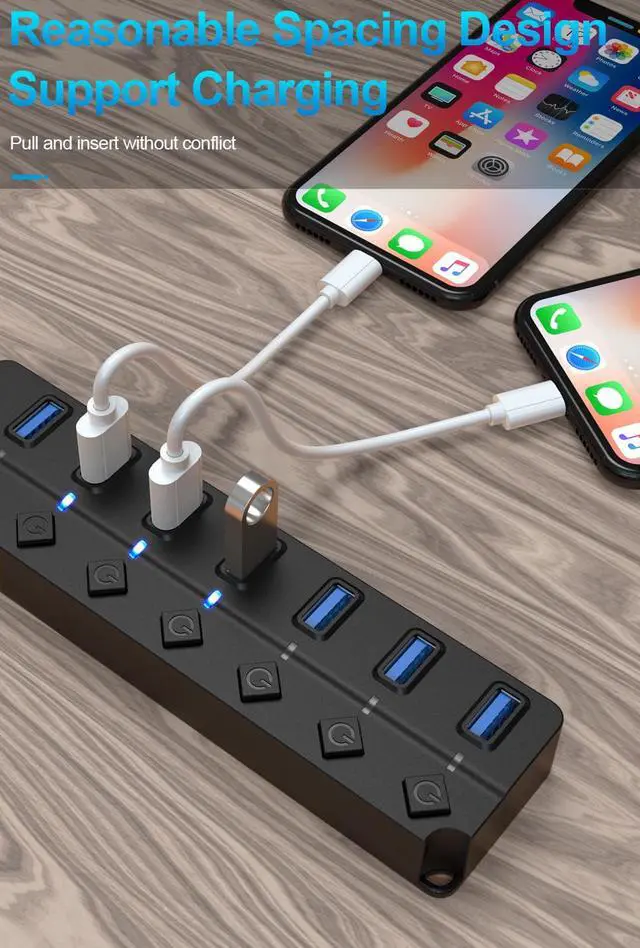 Alt view image 5 of 7 - USB 3.0 Hub, 7 Port Powered USB Hub Expander USB 3.0 Data Port hub with Universal 5V DC Adapter and Individual On/Off Switches USB Splitter for Laptop and PC(Black)