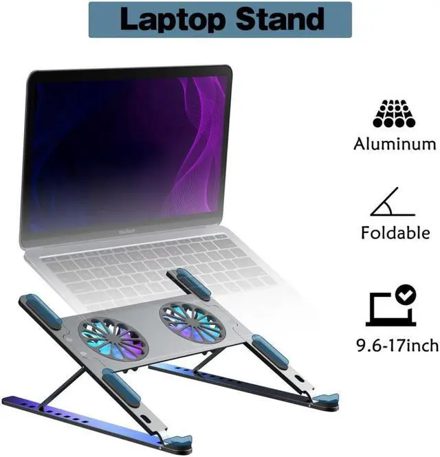 Alt view image 3 of 7 - Laptop Tablet Ultrabook Stand for Desk, Portable  Adjustable Laptop Tablet Mount with Dual High-speed Cooling Fan, Foldable MacBook Anti-Slip Laptop Tablet Riser for 11-17.3" Laptop Tablets Ultrabook