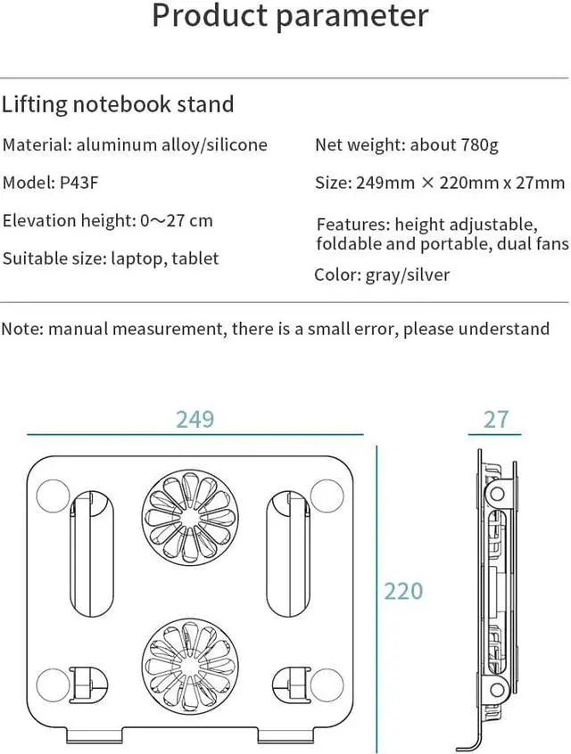 Alt view image 7 of 7 - Laptop Cooling Pad with 2 High-speed Cooling Fan, Aluminum Laptop Tablet Stand, Adjustable Foldable Ergonomic Portable Desktop Holder Compatible with MacBook,iPad, HP, Dell, 10-13.5" Laptop Tablets