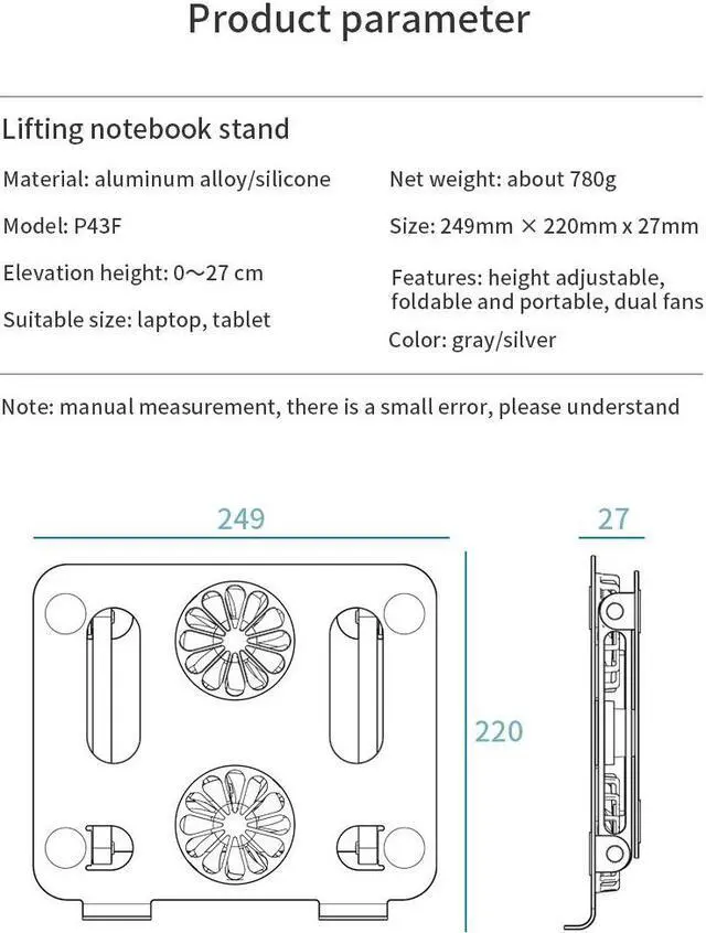 Alt view image 7 of 7 - Aluminum Laptop Tablet Stand with Dual High-speed Cooling Fan, Adjustable Ultrabook Stand, Ergonomic Holder Riser Mount, Portable Laptop Tablet Holder for All 11-17.3 Inches Tablet or Laptop Notebook