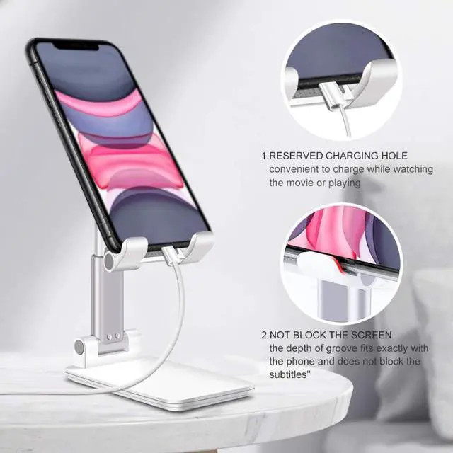 Alt view image 5 of 7 - Universal Cell Phone Desk Mount Stand Foldable Phone Holder, Adjustable for iPad, iPhone, Samsung, Asus and More 4.7-13 inch Devices, Good for Bed, Kitchen, Office (White)