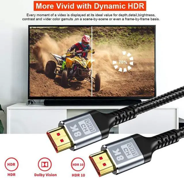 Alt view image 3 of 7 - 8K HDMI 2.1 Cable 3.3FT,48Gbps Ultra High Speed Black Braided HDMI Cord - Get 4k @ 120Hz On PS5 - Supports 8k @ 60Hz, HDR, eArc, Dolby Vision, & More