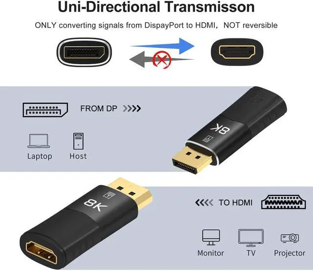 Alt view image 3 of 7 - 8K DisplayPort (DP) to HDMI Adapter, 8K@30Hz Gold-Plated Display Port PC to HDMI Screen Converter (Male to Female) Compatible with HP, Dell, Lenovo, NVIDIA, AMD & More, Passive, Black