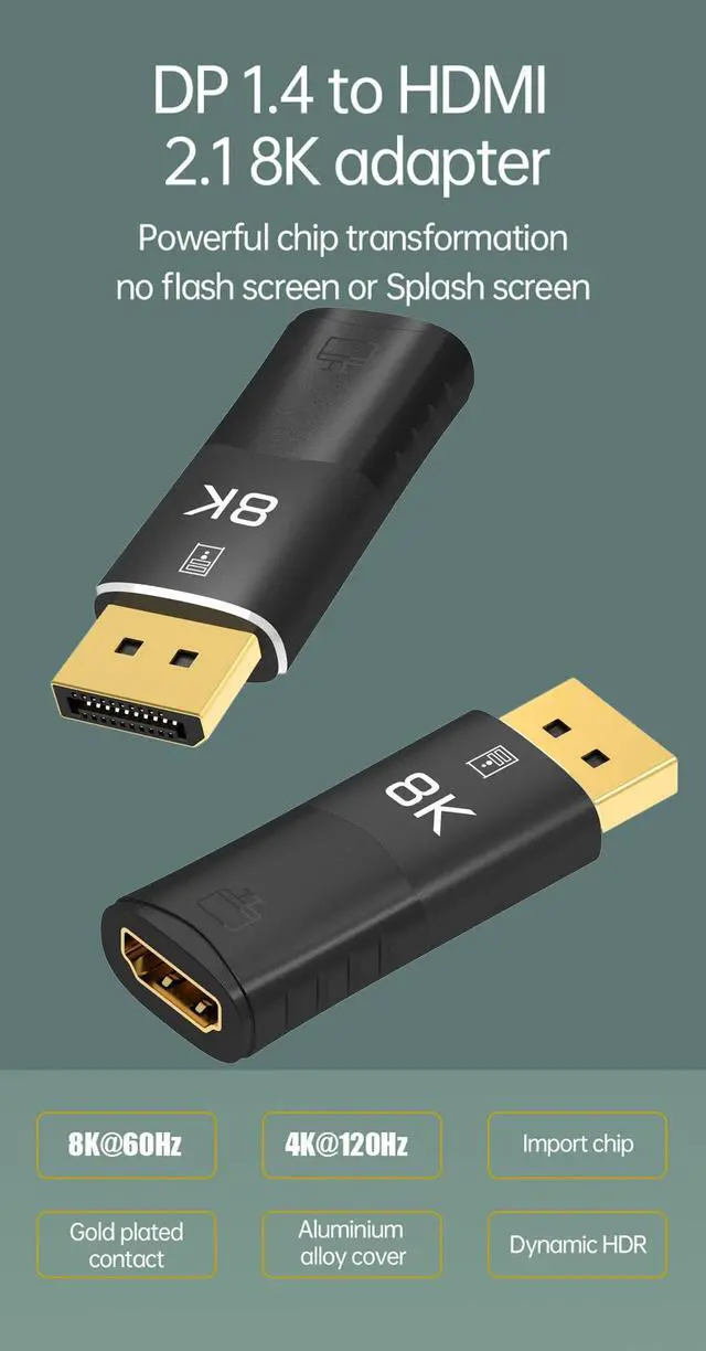 Alt view image 2 of 7 - 8K DisplayPort 1.4 to HDMI Adapter with 4K 120Hz or 8K, Unidirectional Display Port 1.4 to HDMI 8K Cable Adapter in Black, Support for RTX 3080/3090, RX 6800/6900 and More