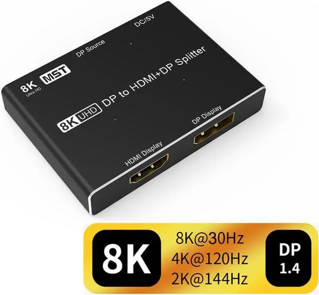 Main image of LUOM 8K DP Splitter Displayport to HDMI-compatible + DP dual port Splitter MST SST 8K@30Hz 4K@120Hz For Laptop PC To TV Projector