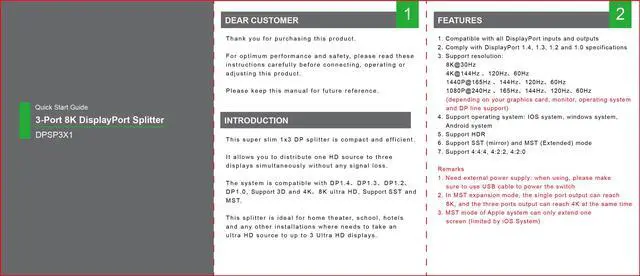 Alt view image 7 of 7 - LUOM DisplayPort Splitter 1 in 3 Out 8K 30Hz 4K 144Hz MST Hub Splitter, 1 in 3 out DP to DP Video Converter for Video Card with MST Function(Windows PC only)-Support Dual or Triple 4K