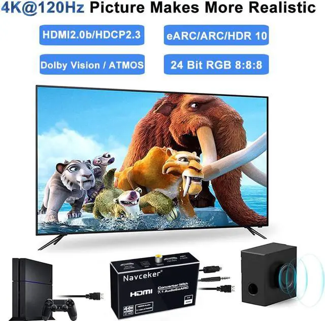 Alt view image 5 of 7 - HDMI Audio Extractor, 4K 60Hz ARC/eARC Audio Extractor HDMI2.0 Splitter Audio Converter,HDMI + Optical Toslink SPDIF + 3.5mm Audio Jack + Coaxial + 7.1Ch, Support - HDCP 2.2 - EDID,Dolby Vision,HDR 10