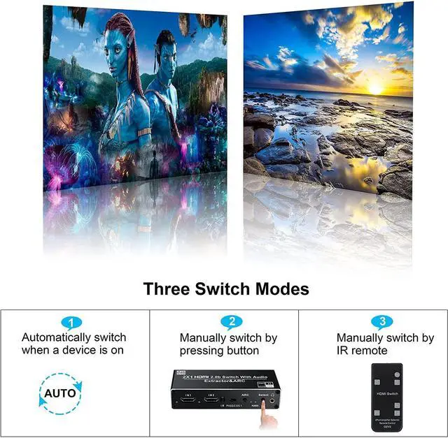 Alt view image 6 of 7 - 4K@ 60Hz HDMI Switch Audio Extractor, 2 in 1 Out HDMI Splitter with R/L 3.5mm Audio Jack + Coaxial + Optical Toslink SPDIF for Support HDMI 2.0 1080P/ 3D/ 4K, OZV2
