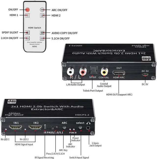Alt view image 3 of 7 - 4K@ 60Hz HDMI Audio Extractor, 2x1 HDMI to HDMI + Optical Toslink / Coaxial SPDIF+ 3.5mm R/L Audio Splitter, 4K@ 60Hz HDMI 2.0 Optical Audio Splitter, HDCP 2.2 4K HDMI Audio Splitter(OZV2)