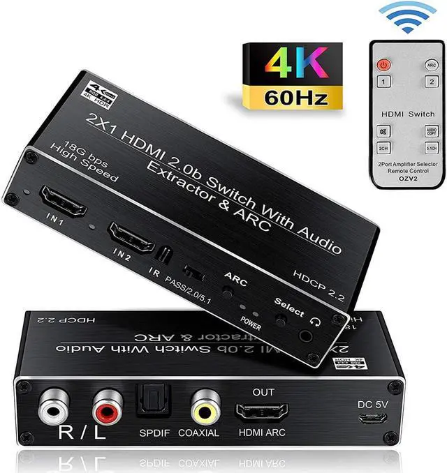 Main image of HDMI Switch Audio Extractor, HDMI Switch Splitter 2 Inputs 1 Output with Remote 4K@60hz, 2-Port HDMI2.0b Switcher Box with Optical Toslink SPDIF+Coaxial+3.5mm+R/L Audio Out,OZV2