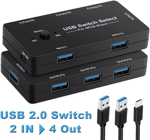 Main image of USB KVM Switch, USB Switch Selector 2 Computers Sharing 4 USB Devices KVM Switch Peripheral Switcher for Keyboard Mouse Printer Scanner PC and 2 Pack USB Cable