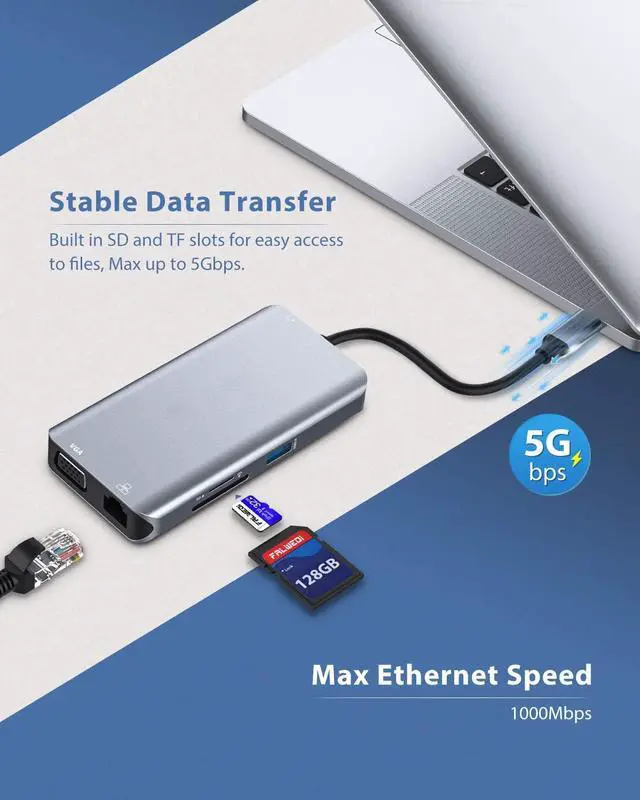 Alt view image 4 of 7 - 10 in 1 USB C Hub Multiport Adapter, USB C Docking Station to HDMI 4K 30Hz, VGA, Ethernet, 3USB 3.0, TF/SD, Audio,PD Port MacBook Dongle for MacBook Dell Hp Lenovo Laptop Type C Devices