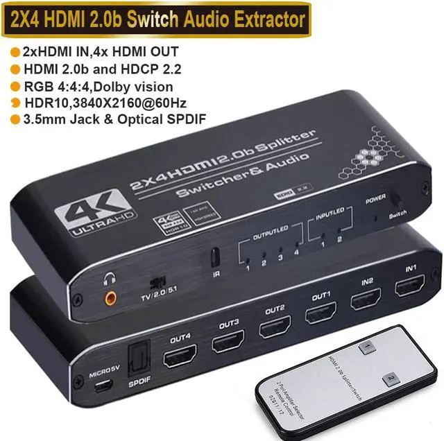 Main image of 2 in 4 Out 4K HDMI Switch Splitter Audio Extractor, 4K@60Hz HDMI Audio Extractor HDMI Support HDCP 2.2, HDMI2.0b, 4K@60HZ, RGB4:4:4, 4K HDR for PS4 Xbox Apple TV Fire Stick Blu-Ray Player