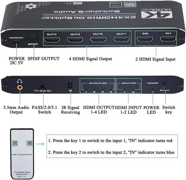 Alt view image 2 of 7 - 4K@60hz HDMI Switch Splitter Audio Extractor with Remote, HDMI Switch Splitter 2 Inputs 4 Output with Optical Toslink SPDIF+3.5mm Audio Out Support HDCP 2.2, HDMI2.0b, 4K@60HZ, RGB4:4:4, 4K HDR