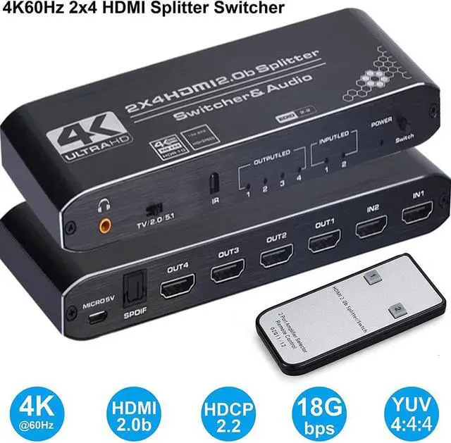 Main image of 4K@60hz HDMI Switch Splitter Audio Extractor with Remote, HDMI Switch Splitter 2 Inputs 4 Output with Optical Toslink SPDIF+3.5mm Audio Out Support HDCP 2.2, HDMI2.0b, 4K@60HZ, RGB4:4:4, 4K HDR