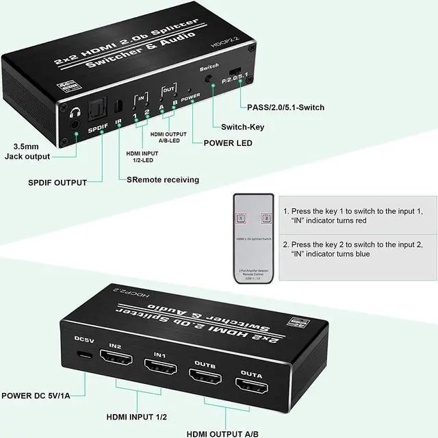 Alt view image 2 of 7 - 4K@60Hz 2x2 HDMI Switch Splitter Audio Extractor with Optical Toslink SPDIF/3.5mm Audio Out, 2 Ports HDMI 2.0b Switcher with Remote Control Support HDCP 2.2, HDMI2.0b, 4K@60HZ, RGB4:2:2, 4K HDR