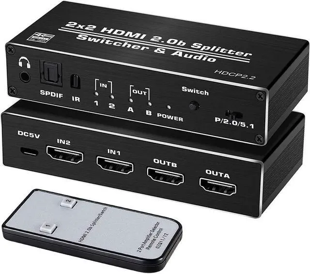 Main image of HDMI Switch Splitter 2x2 with Audio Extractor, 4Kx2k @60Hz Ultra HD HDMI Switcher with Optical TOSLINK SPDIF, 3.5mm Audio Support HDCP 2.2, HDMI2.0b, 4K@60HZ, RGB4:2:2, 4K HDR HDTV (Remote Control)