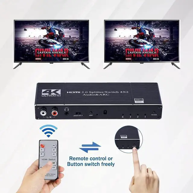 Alt view image 4 of 7 - 4In 2Out HDMI Switch Audio Extractor with Remote Control HDMI 2.0b Switcher with Optical TOSLINK SPDIF, R/L 3.5mm Audio, Coaxial Out Support ARC Function 6Gbps 4Kx2K@60Hz 3D HDCP 2.2 HDMI Splitter