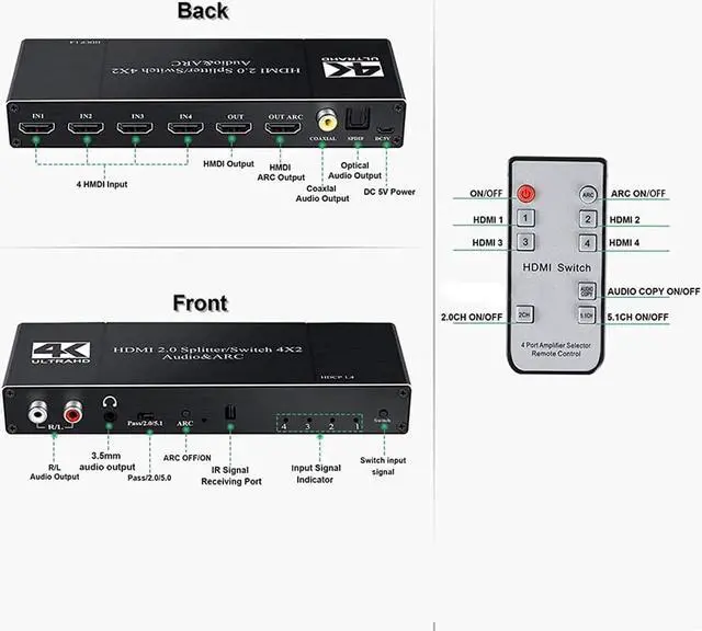 Alt view image 5 of 7 - 4In 2Out HDMI Switch Audio Extractor with Remote Control HDMI 2.0b Switcher with Optical TOSLINK SPDIF, R/L 3.5mm Audio, Coaxial Out Support ARC Function 6Gbps 4Kx2K@60Hz 3D HDCP 2.2 HDMI Splitter