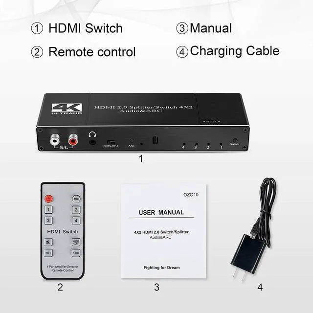 Alt view image 7 of 7 - 4In 2Out HDMI Switch Audio Extractor with Remote Control HDMI 2.0b Switcher with Optical TOSLINK SPDIF, R/L 3.5mm Audio, Coaxial Out Support ARC Function 6Gbps 4Kx2K@60Hz 3D HDCP 2.2 HDMI Splitter