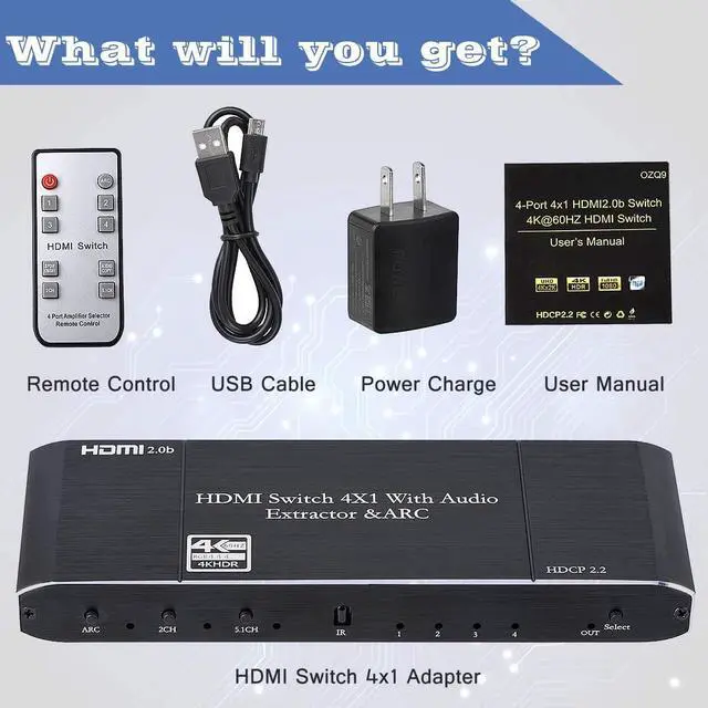 Alt view image 7 of 7 - HDMI Switch 4x1 with Audio Extractor, 4K@60Hz Ultra HD HDMI Switcher with Optical TOSLINK SPDIF, 3.5mm Audio,Coaxial Support ARC Function, 3D, 1080P @120Hz, 4Kx2k @60Hz HDTV with Remote