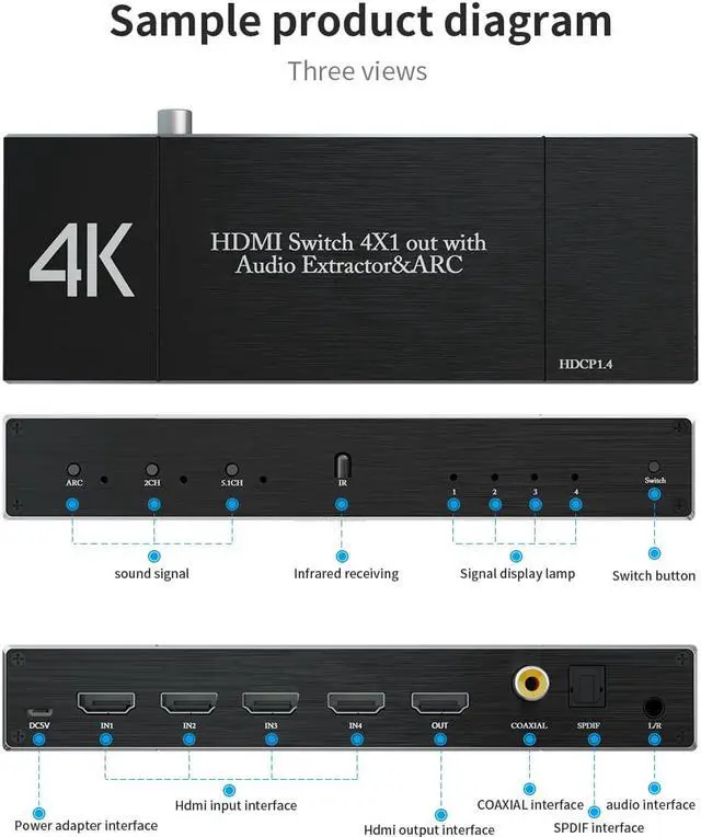 Alt view image 2 of 7 - 4K 60Hz 4 in 1 Out HDMI Switch Audio Extractor Converter- HDMI to HDMI + Optical + 3.5mm AUX + Coaxial Output, Support ARC HDCP2.2 1080P 3D Dobly Atmos,EDID,HDR10 for Xbox, Fire Stick, PS5, OZQ7