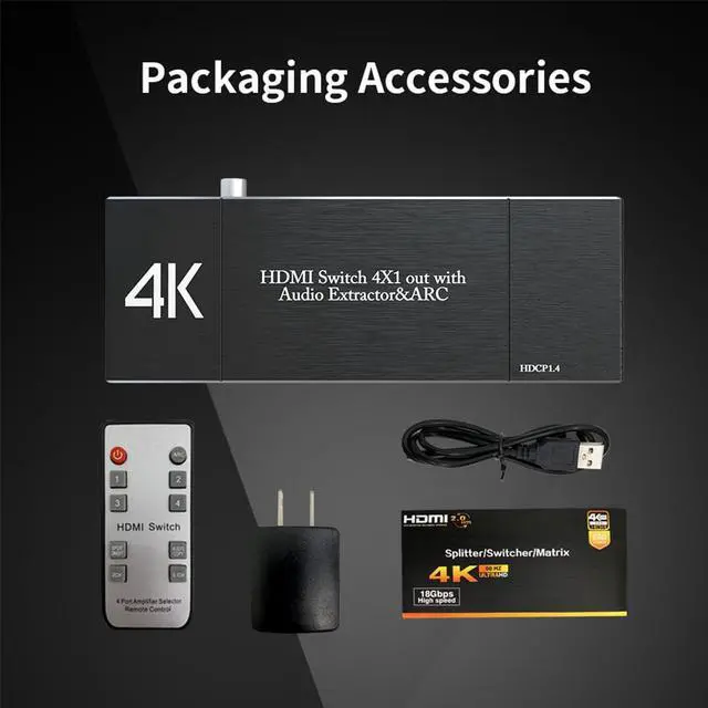 Alt view image 7 of 7 - 4K 60Hz 4 in 1 Out HDMI Switch Audio Extractor Converter- HDMI to HDMI + Optical + 3.5mm AUX + Coaxial Output, Support ARC HDCP2.2 1080P 3D Dobly Atmos,EDID,HDR10 for Xbox, Fire Stick, PS5, OZQ7