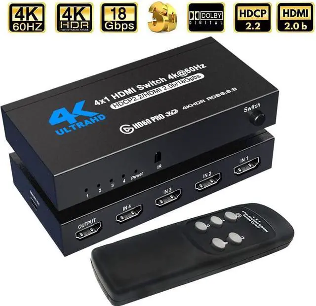 Main image of HDMI Switch 4x1 HDMI Switcher 4 in 1 Out HDMI Switch Selector 4 Port Box with IR Remote Control HDMI 2.0 HDCP 2.2 Support 4K@60Hz Ultra HD 3D 2160P 1080P