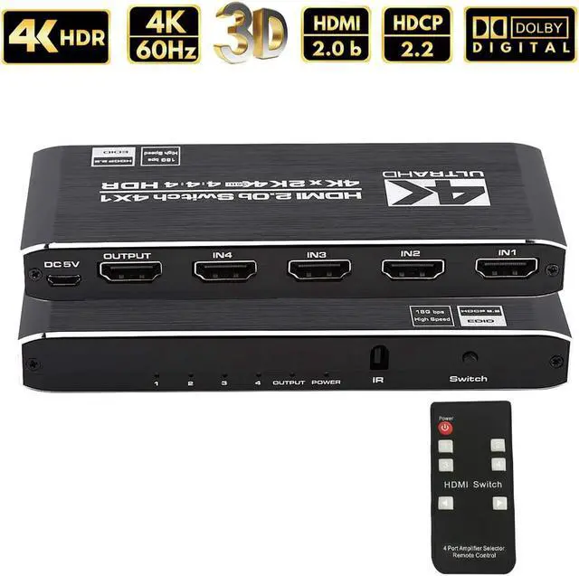 Main image of HDMI Switch 4x1 HDMI Switcher 4 in 1 Out HDMI Switch Selector 4 Port Box with IR Remote Control Support 4K@60Hz 3D HDR10 HDCP2.2 YUV444/RGB888