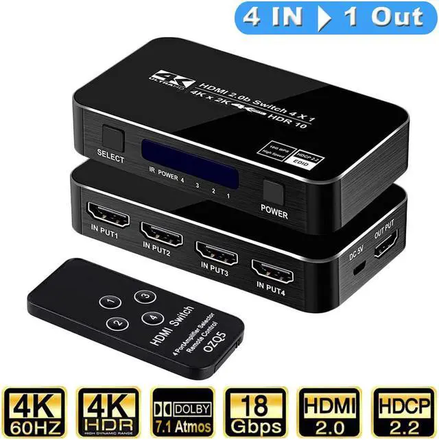 Main image of 4K@60Hz HDMI Switch 4 in 1 Out w/IR Remote Control, 4 Port Switcher Selector Box for Xbox Nintendo PS5 PS4 TV Fire Stick Roku Supports Ultra HD Dolby Vision, 18.5Gbps, HDR10, HDCP 2.2 & 3D - OZQ5
